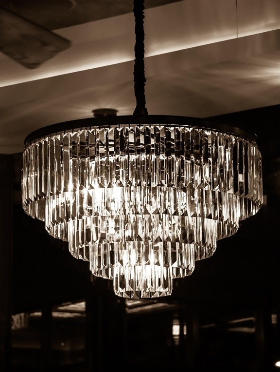 big, crystal, chandelier, shape, classic, round, sepia, reflection, glass, black and white