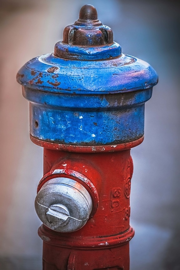 mørk blå, hydrant, mørk rød, objektet, industriell, støpejern, gamle, antikk, retro, stål