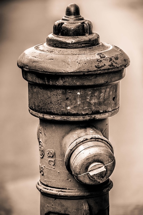 hydrant, old style, rust, cast iron, sepia, industrial, vintage, old, antique, monochrome