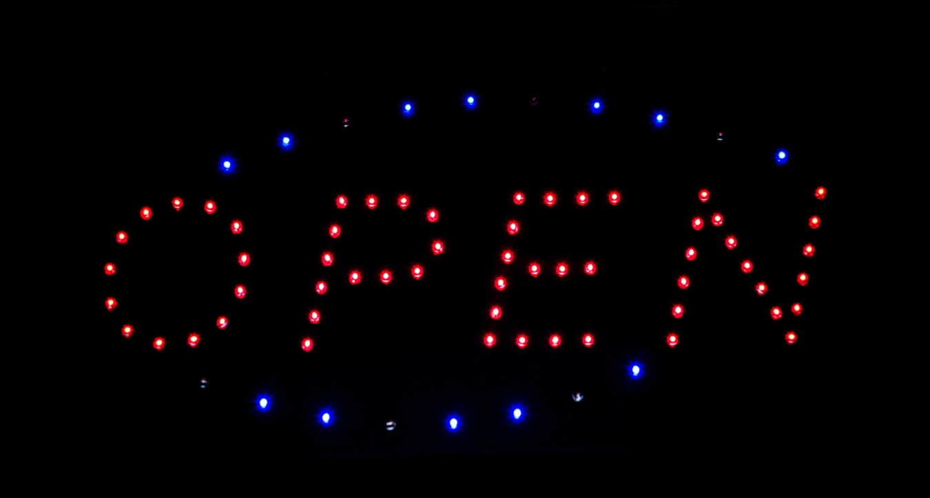 open, sign, neon, text, symbol, shop, light, diode, bright, shining