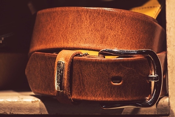 belt, light brown, leather, stainless steel, buckle, shelf, vintage, wooden, fashion, retro