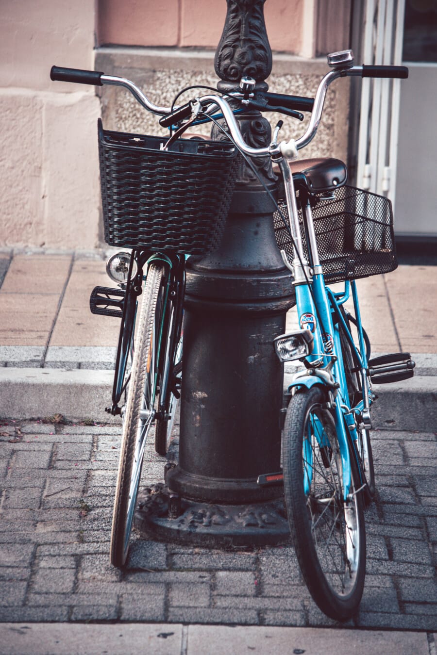 sykkel, gammel stil, flettet kurv, Frankrike, rattet, nostalgi, fortau, gate, parkering, hjul