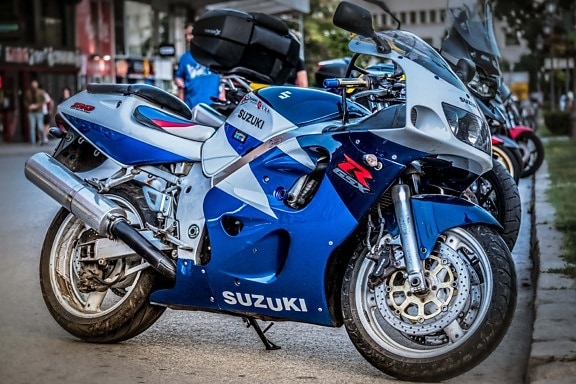 motorcykel, Suzuki, mørkeblå, motor, metallic, motorcykel, blank, gade, parkering, hastighed
