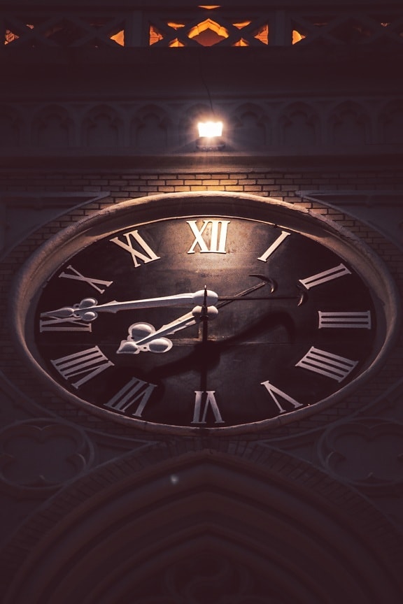 analog clock, old style, cathedral, nighttime, night, time, clock, midnight, retro, light