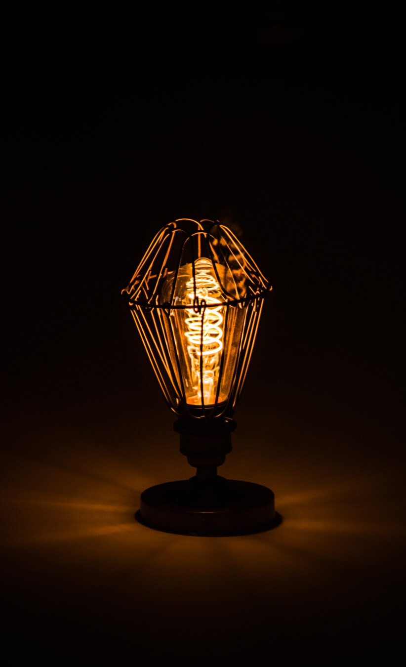 lamp, wires, handmade, vintage, light bulb, light brown, darkness, light, reflection, electricity