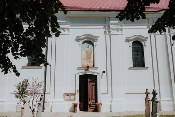 orthodox, church, doorway, backyard, grave, cemetery, gravestone, architecture, window, art