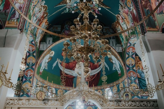 żyrandol, złoty blask, złota, ołtarz, prawosławny, sufit, kościół, mural, sztuka, religia