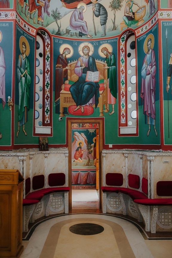 Chapelle, monastère, orthodoxe, illustration, beaux arts, Saint, design d’intérieur, église, chaises, fait main