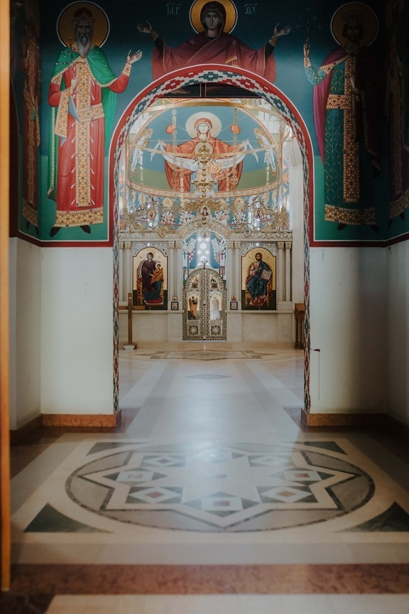 gateway, altar, orthodox, church, mural, wall, structure, religion, architecture, indoors