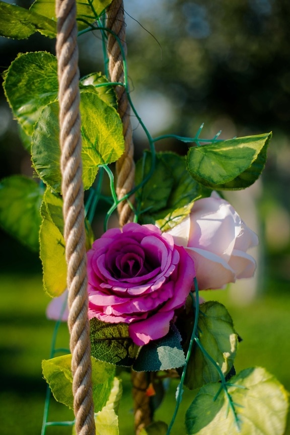 trandafir, din material plastic, roz, coarda, decor, aranjament, floare, frunze, buchet, gradina