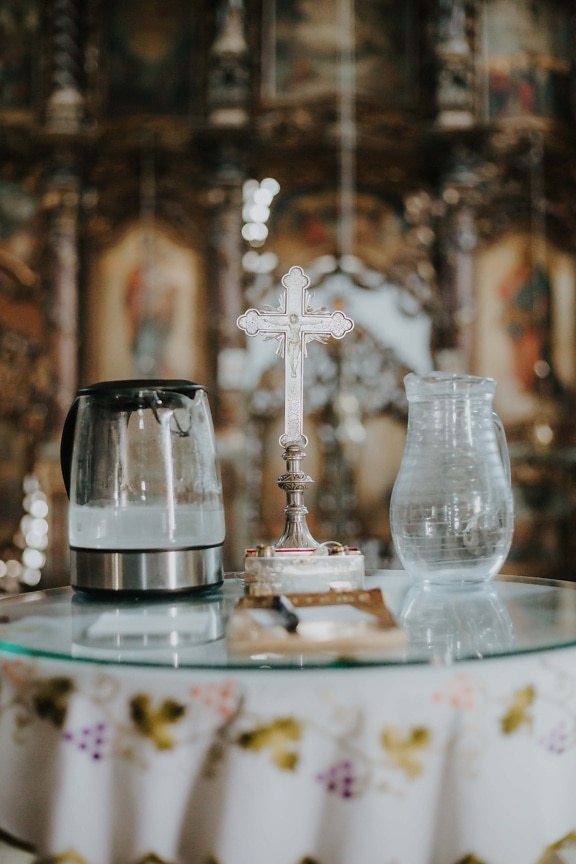 baptism, event, cross, silver, christianity, Christ, fresh water, pitcher, glass, interior design