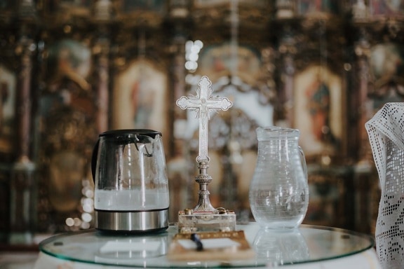cross, silver, church, baptism, christianity, table, altar, glass, interior design, indoors