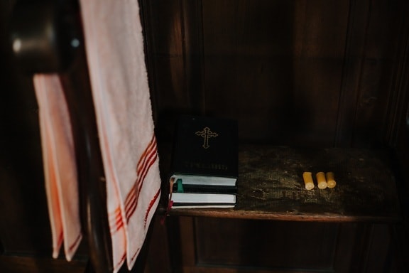 books, bible, hardcover, black, candles, bookshelf, christianity, wood, indoors, literature