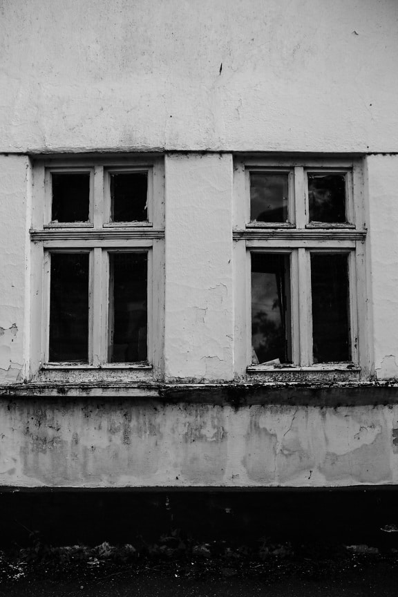 windows, disrepair, decay, black and white, derelict, abandoned, house, facade, concrete, bedrock