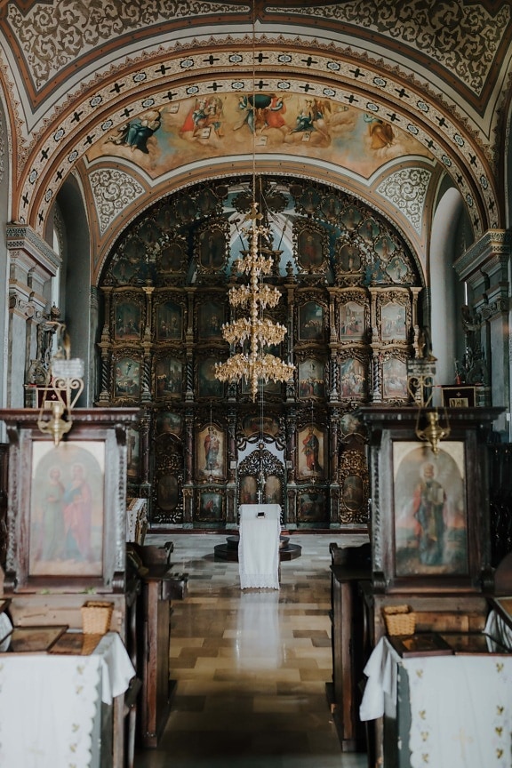 inside, christianity, orthodox, church, chandelier, altar, ceiling, fine arts, painting, arch