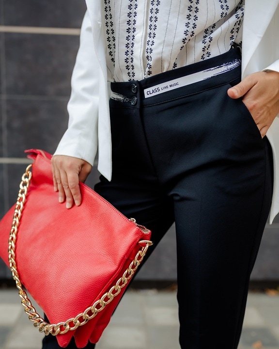 pants, fancy, black, white, jacket, reddish, handbag, leather, fashion, woman