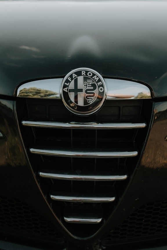 podepsat, Alfa Romeo, symbol, černá a bílá, chrom, elegantní, kovové, auto, automobil, vozidlo