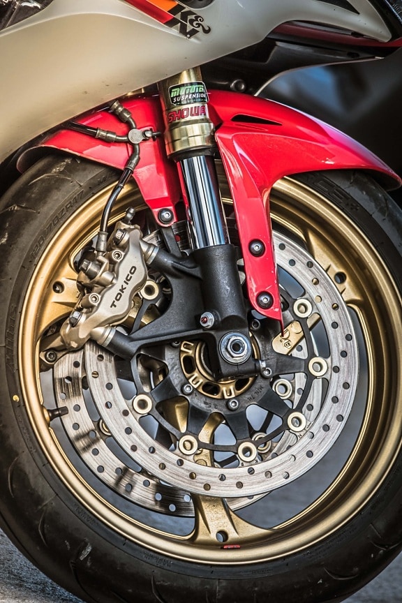 close-up, motorcycle, aluminum, tire, rim, brake, disk, repair shop, suspension, motorbike