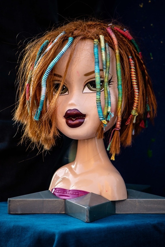 Morena, muñeca, cabeza, peinado, cabello, juguete, plástico, modelo, cara, moda