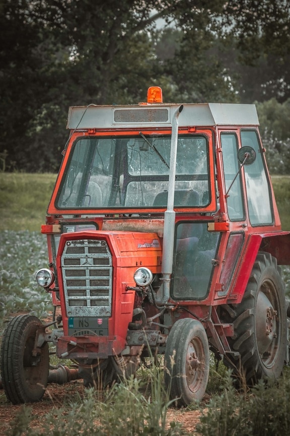 tractor, dark red, mechanization, old style, nostalgia, rural, device, machine, vehicle, machinery