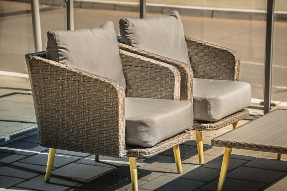 armchair, wicker, furniture, outdoor, comfortable, pillow, table, seat, chair, contemporary