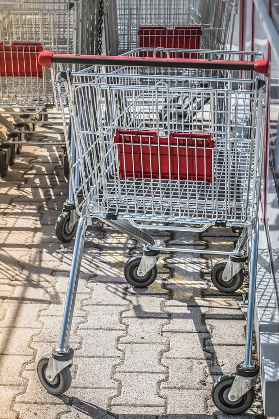 shopping, trolley, cart, stainless steel, handcart, buy, supermarket, market, commerce, mall