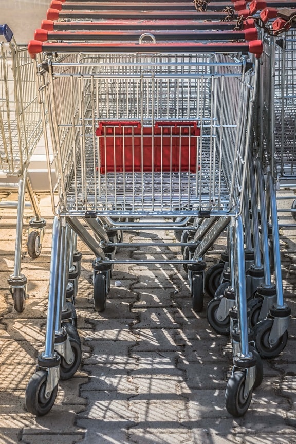 shopping, trolley, cart, stacks, empty, handcart, container, steel, wheel, stock
