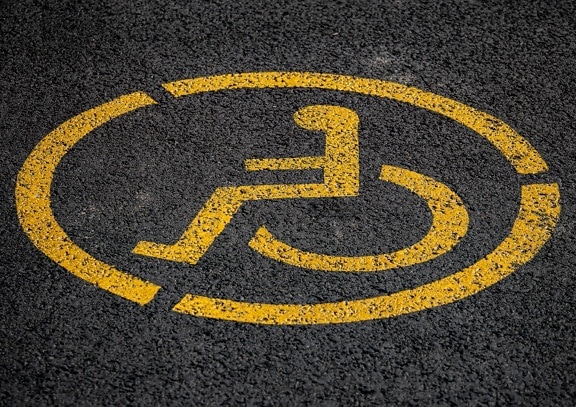 cadeira de rodas, sinal, Cuidado, Parque de estacionamento, símbolo, desabilitado, tráfego, asfalto, estrada, aviso