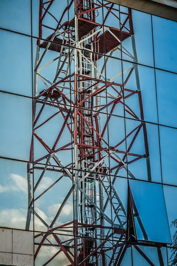 reflection, pylon, antenna, tower, glass, windows, building, modern, high, technology