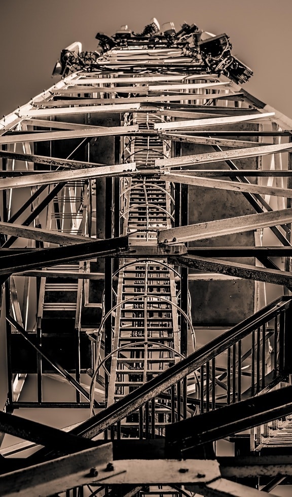 black and white, sepia, construction, high, tower, metal, architecture, ladder, monochrome, urban