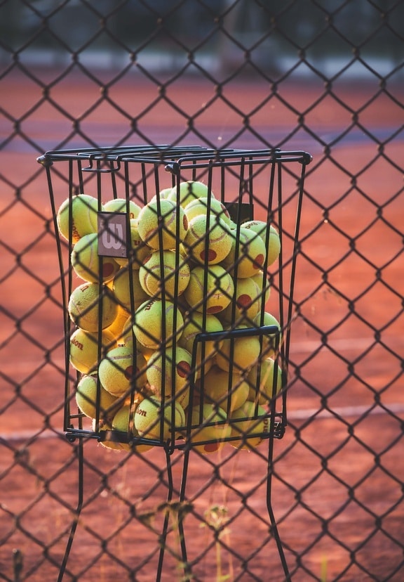 desporto, tênis, quadra de tênis, cesta, bola, barreira, padrão, cerca, aço, textura