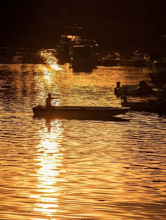 silhouette, boat, backlight, sunset, sunshine, dawn, water, fisherman, reflection, river