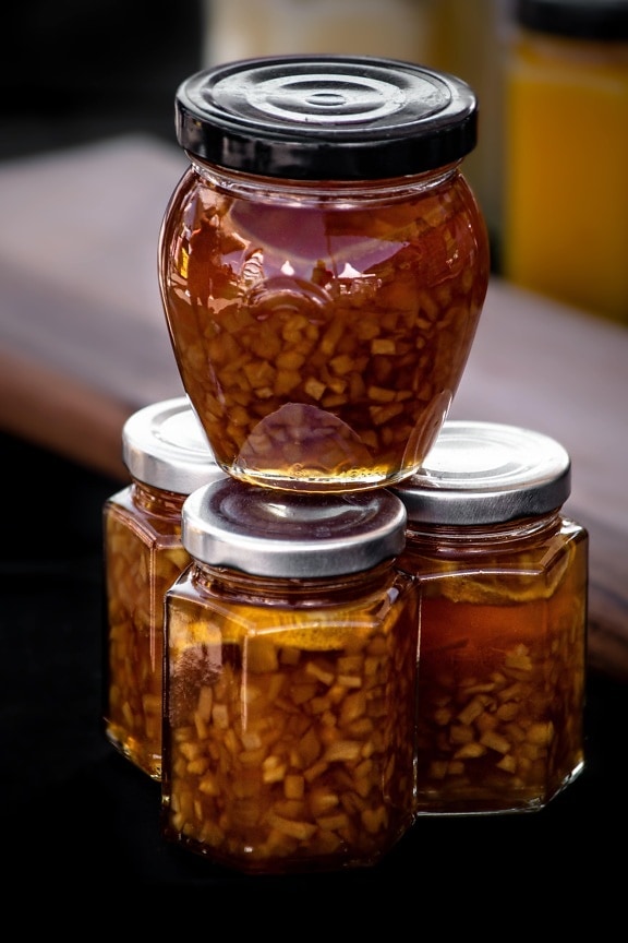 蜂蜜, ハニカム, 有機, jar, 甘い, ガラス, コンテナ, 伝統的です, 自家製, 食材