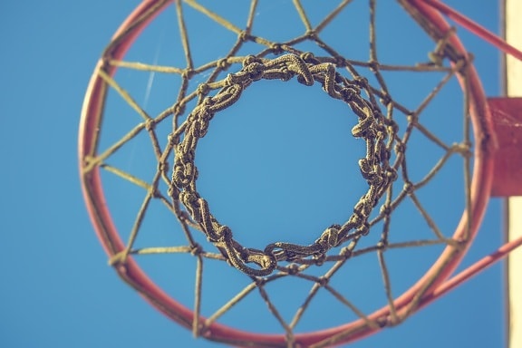 basketball court, basketball, underneath, network, equipment, basket, recreation, web, rim, outdoors