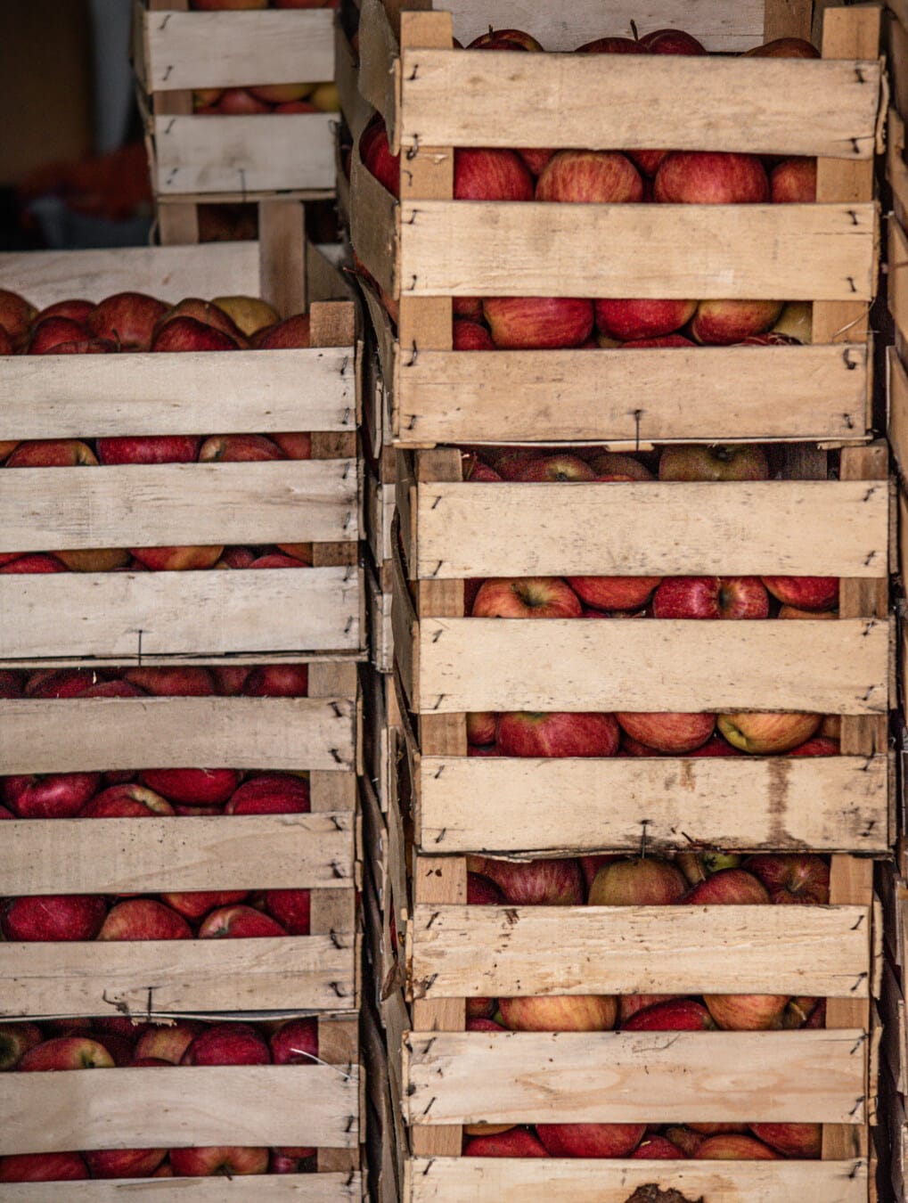 яблука, червонувато, дерев'яні, коробки, продукти, товари, склад, зберігання, ринку, контейнер