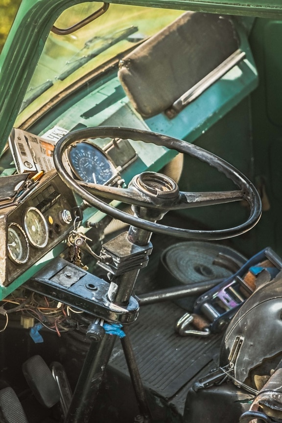 steering wheel, truck, old style, gauge, old, speedometer, key, decay, keyhole, dirty
