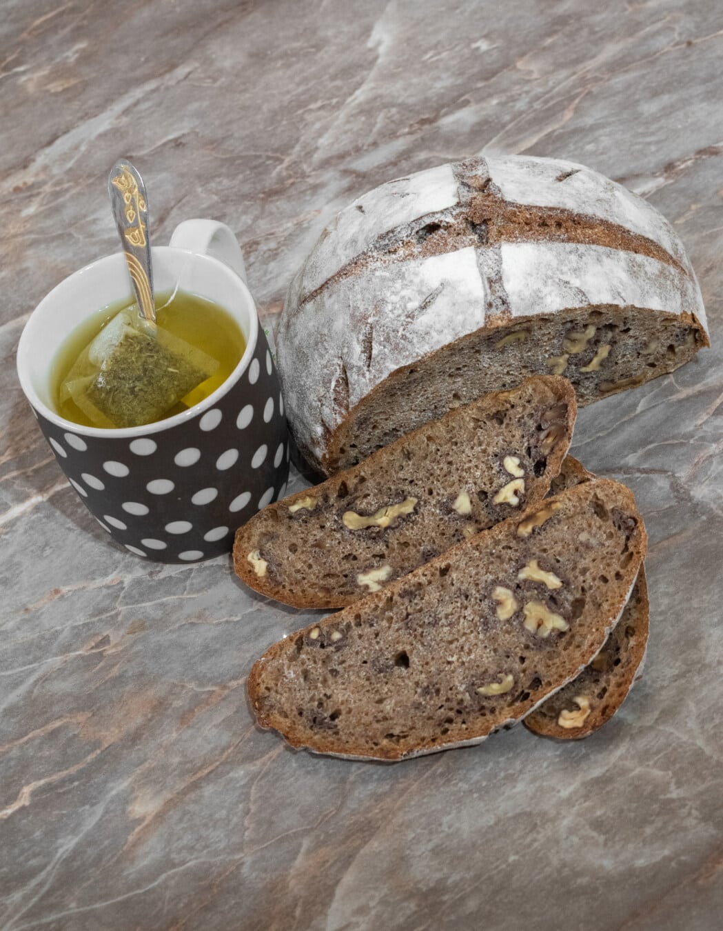 wholemeal bread, walnut, teaspoon, breakfast, tea, organic, handmade, bread, dietary, food