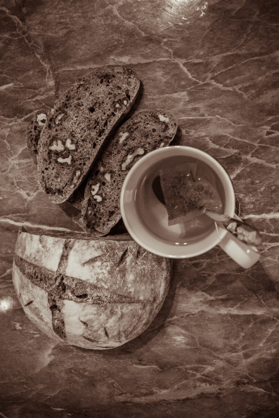 tea, wholemeal bread, breakfast, wholemeal, walnut, seed, wholemeal flour, sepia, homemade, bread