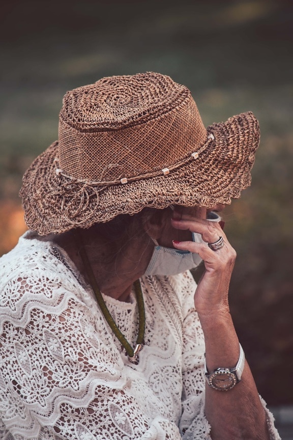 hat, old fashioned, face mask, social distance, granny, people, clothing, woman, elderly, portrait