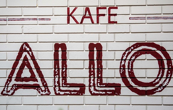 Cafeteria, symbol, graffiti, tecken, väggen, tegelstenar, vintage, urban, design, illustration
