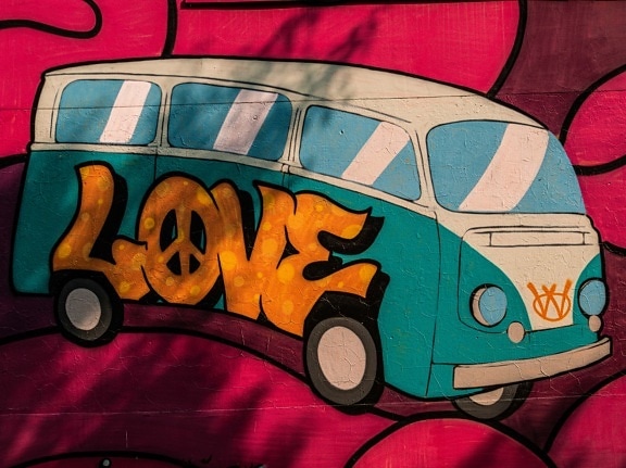 graffiti, láska, text, táborník, minivan, farebné, vozidlo, voľne žijúcich, sfarbenie, voľný štýl