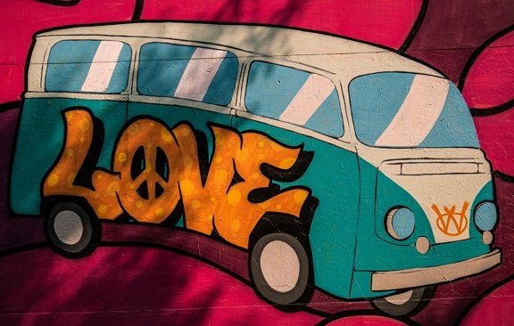 Volkswagen, love, graffiti, minivan, car, camper, art, illustration, color, retro, design