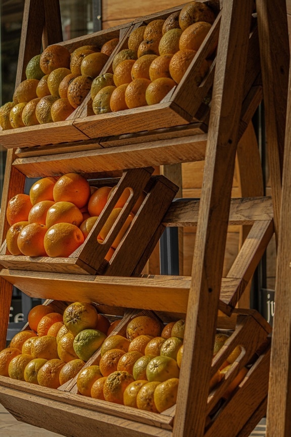 marketplace, organic, ripe fruit, fruit, orange peel, oranges, shelf, wooden, stall, citrus