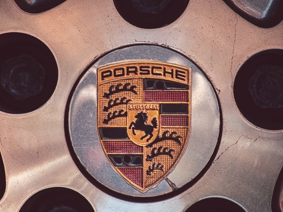 Porsche, símbolo, signo de, cromo, detalle, contacto directo, acero inoxidable, metálicos, círculo, disco