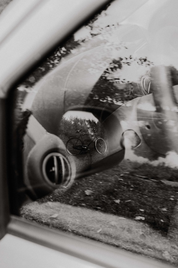 mirror, reflection, car, black and white, monochrome, detail, windshield, vehicle, black, grey
