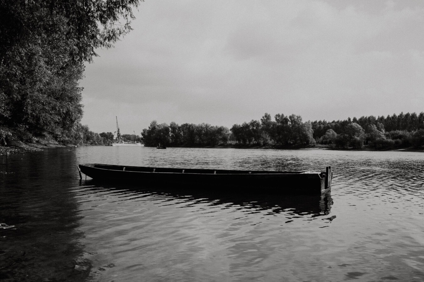 barca, bianco e nero, barca di fiume, bianco e nero, veicolo, Riva, Lago, acqua, fiume, orizzontale