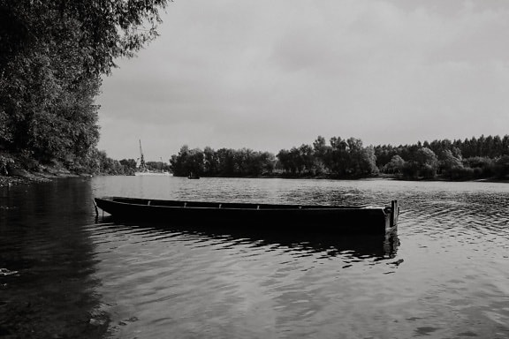 boot, zwart-wit, rivierboot, zwart-wit, voertuig, oever, meer, water, rivier, landschap