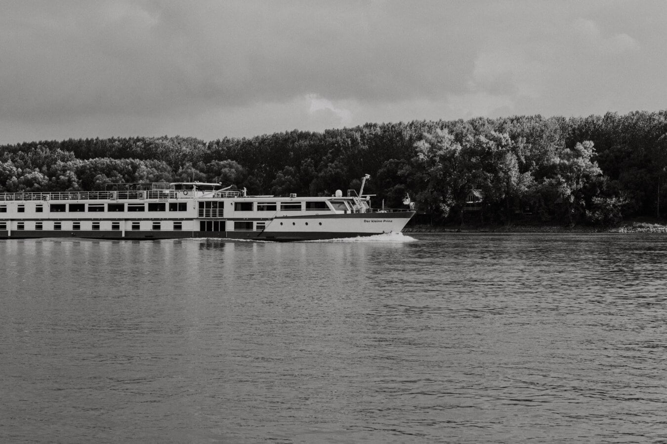 cruise ship, monochrome, black and white, ship, tourist attraction, travel, river, vehicle, water, shore