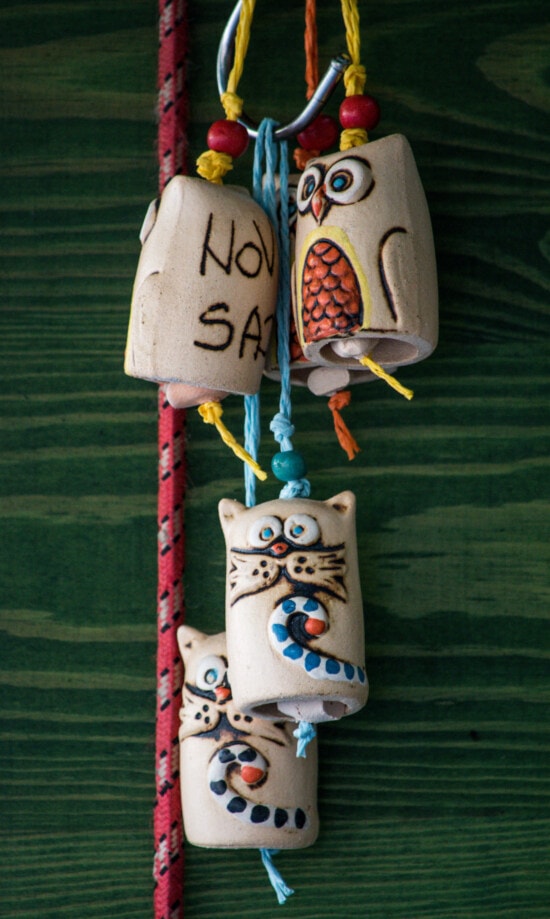 céramique, cloches, fait main, memorabilia, coloré, hibou, suspendu, miniature, objet, Foire artisanale