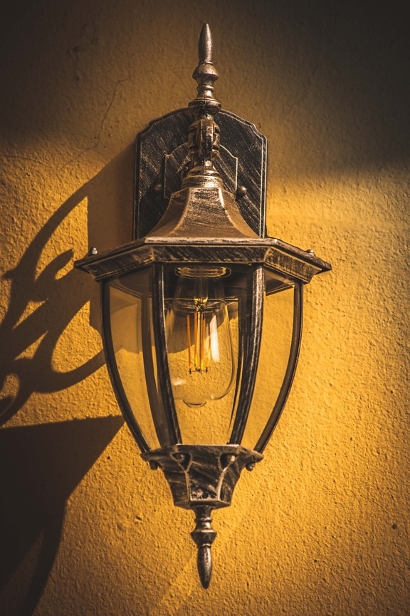 lamp, vintage, cast iron, sunrays, shadow, walls, light bulb, light, device, lantern